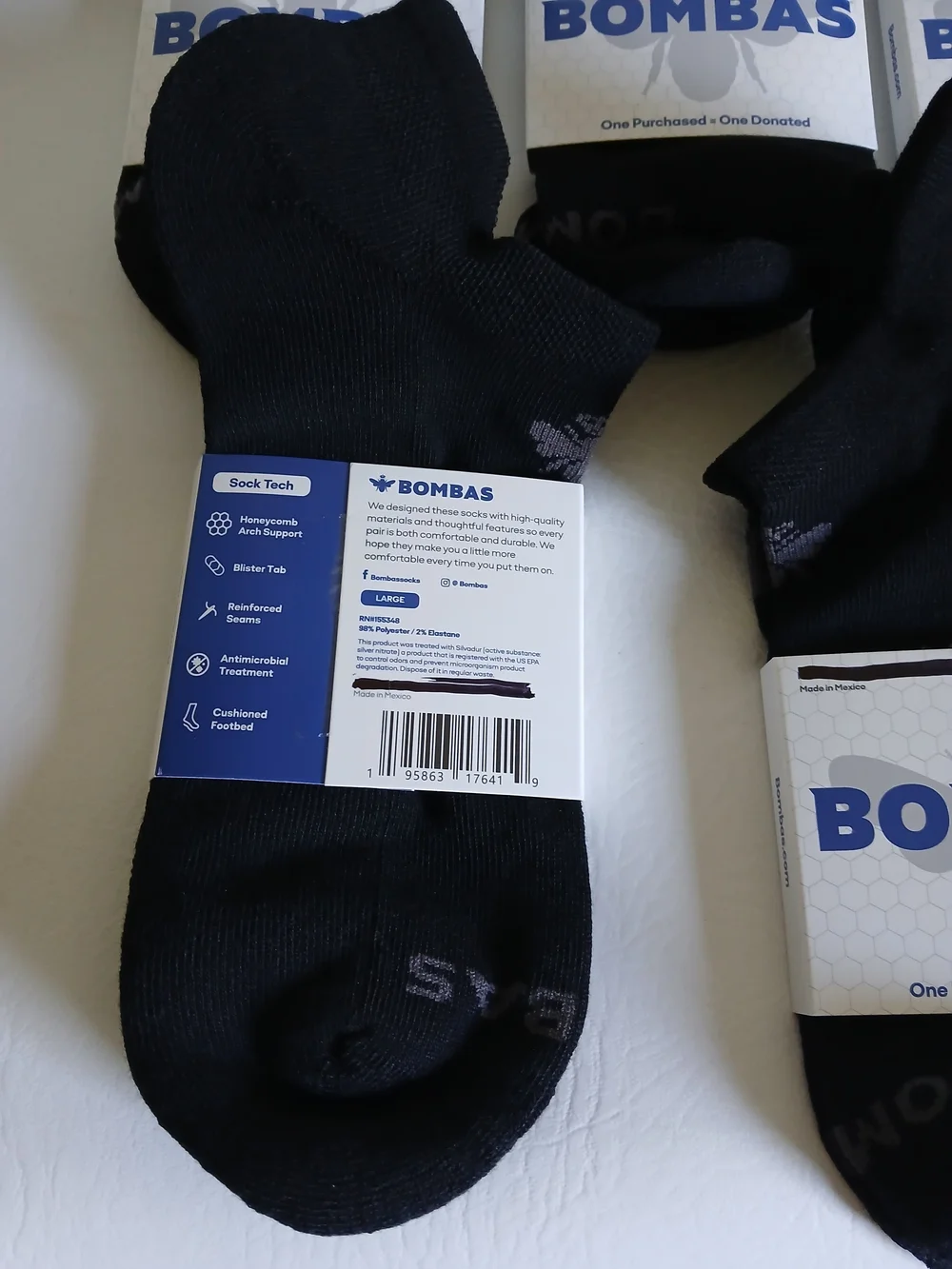 Bombas Black Unisex Socks 5-Pack Ankle Length Size Large